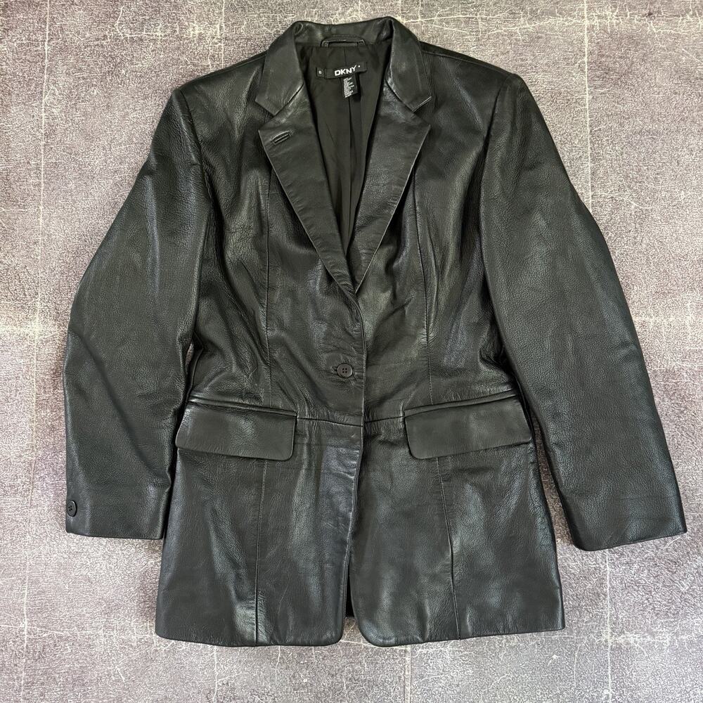 Women's Vintage Y2K DKNY Black Lined Leather Button Up Drivers Coat Jacket Sz 8